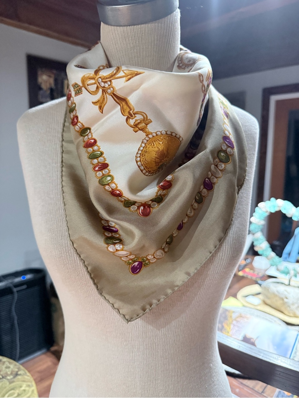 Vintage Dior Silk Scarf in Cream, Gold and Purple Accent